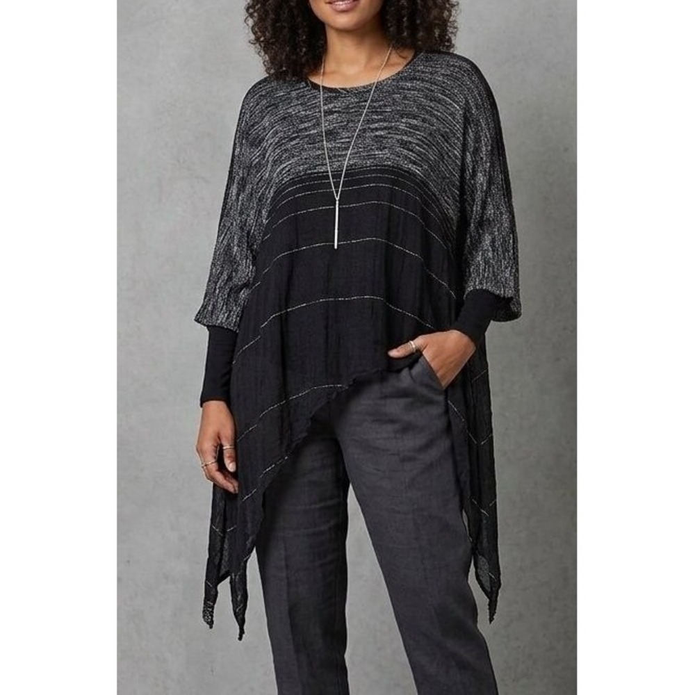 Transparente Black White Linen Blend Asymmetrical Hem Tunic Top Size Extra-Large